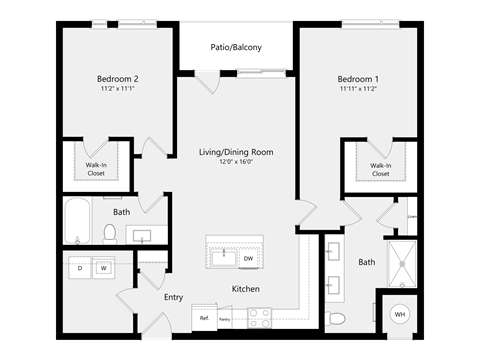 Floor plan for 2 beds, 2 baths, 1106 sqft